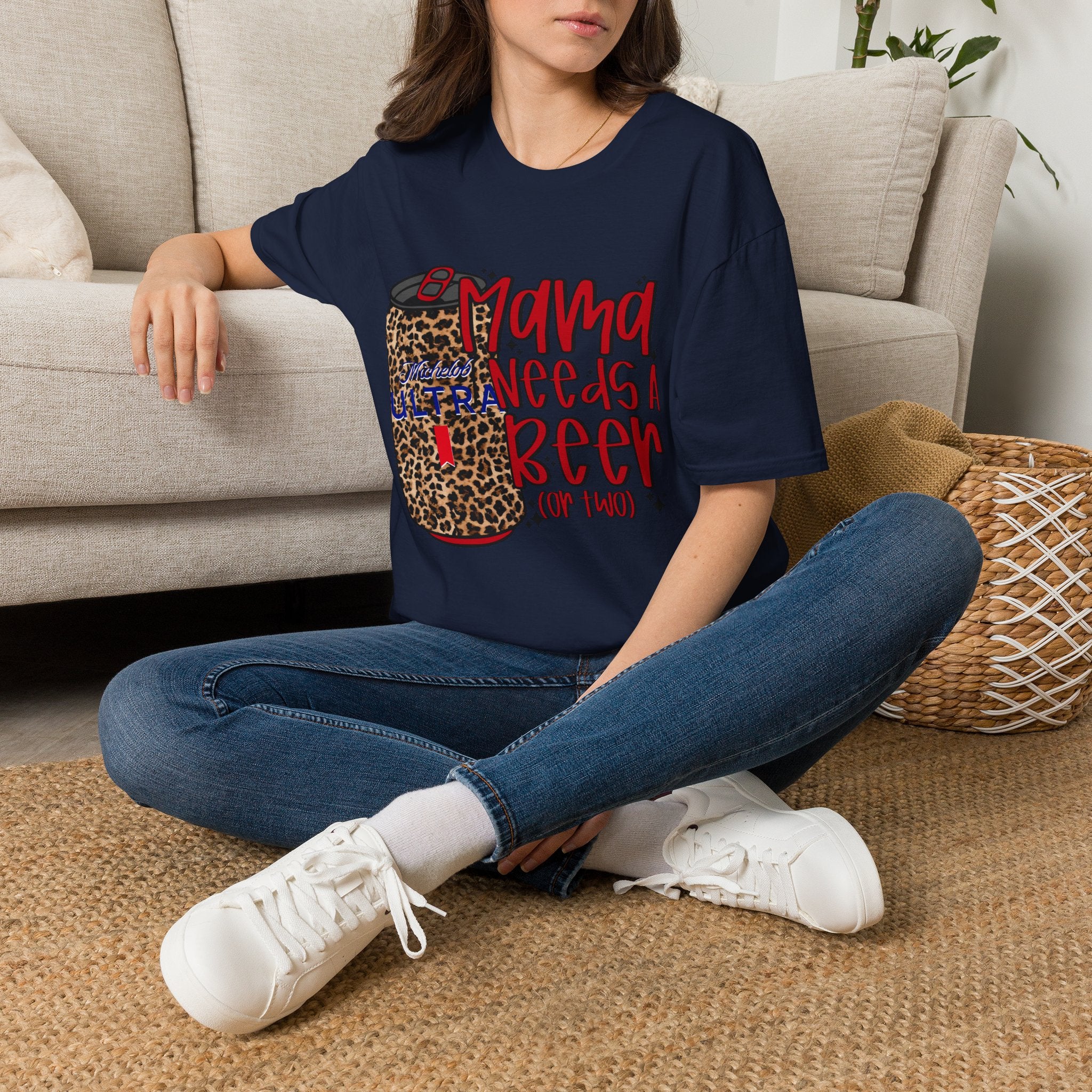 T-Shirt — "Mama Needs a Beer" Leopard Can Graphic Tee