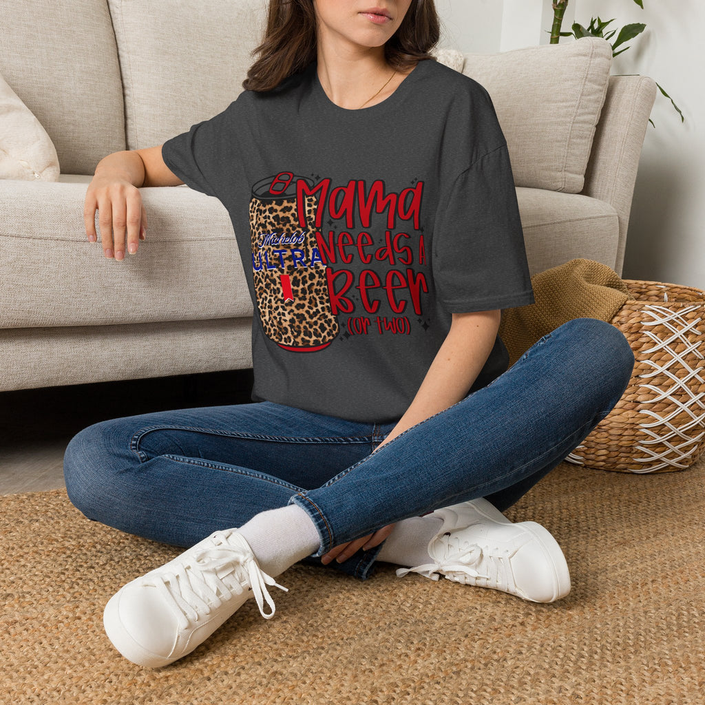 T-Shirt — "Mama Needs a Beer" Leopard Can Graphic Tee