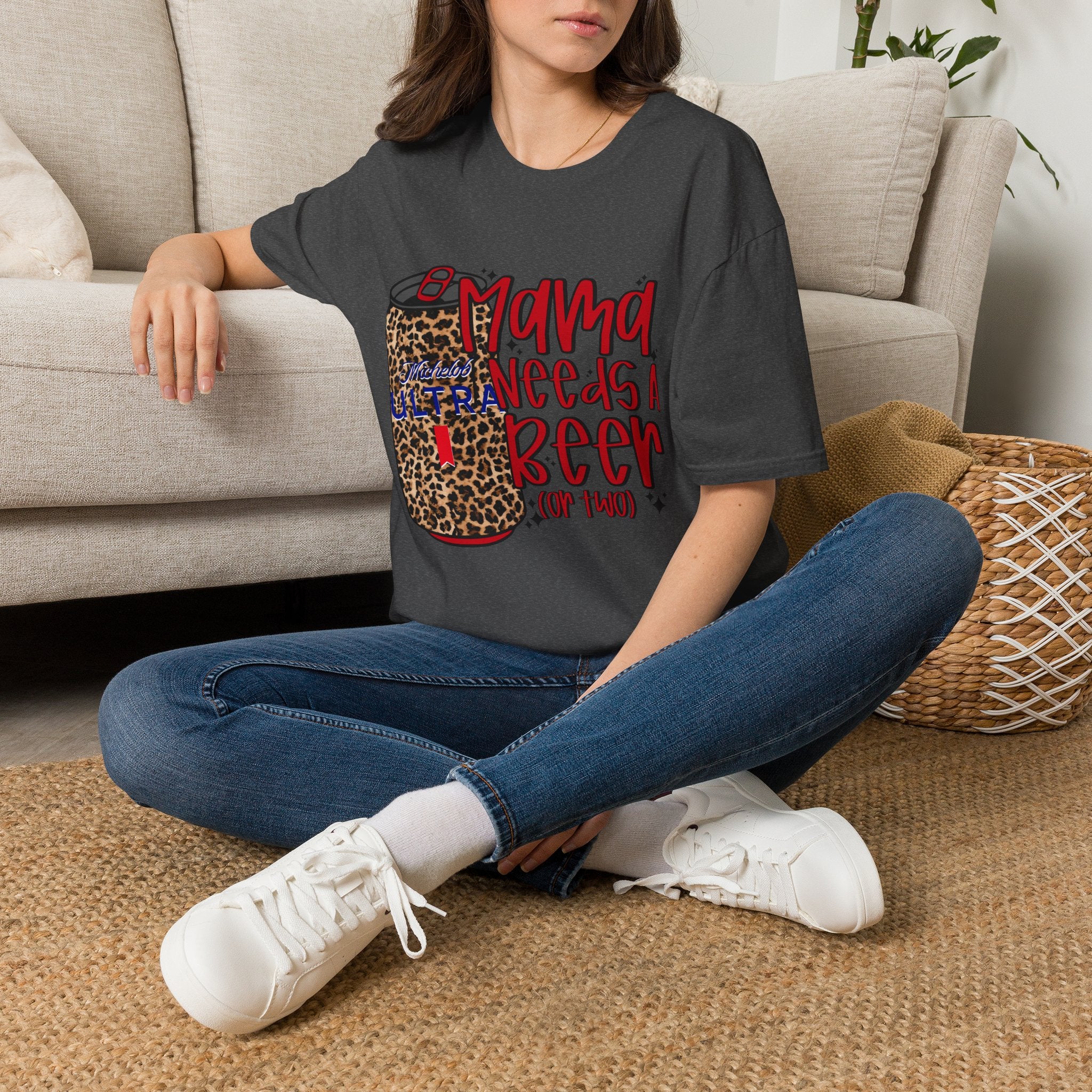 T-Shirt — "Mama Needs a Beer" Leopard Can Graphic Tee