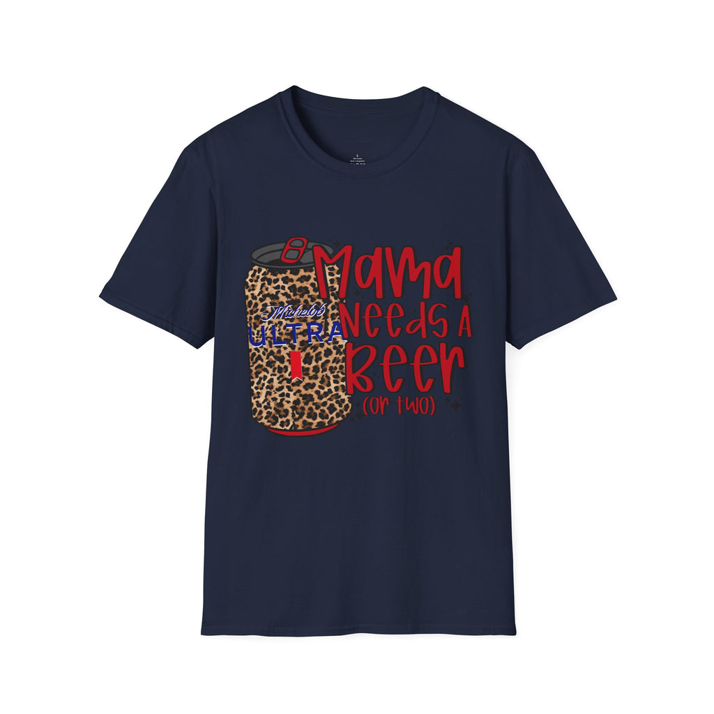 T-Shirt — "Mama Needs a Beer" Leopard Can Graphic Tee
