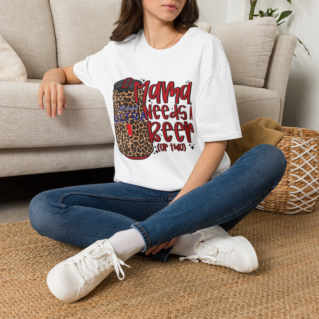 T-Shirt — "Mama Needs a Beer" Leopard Can Graphic Tee