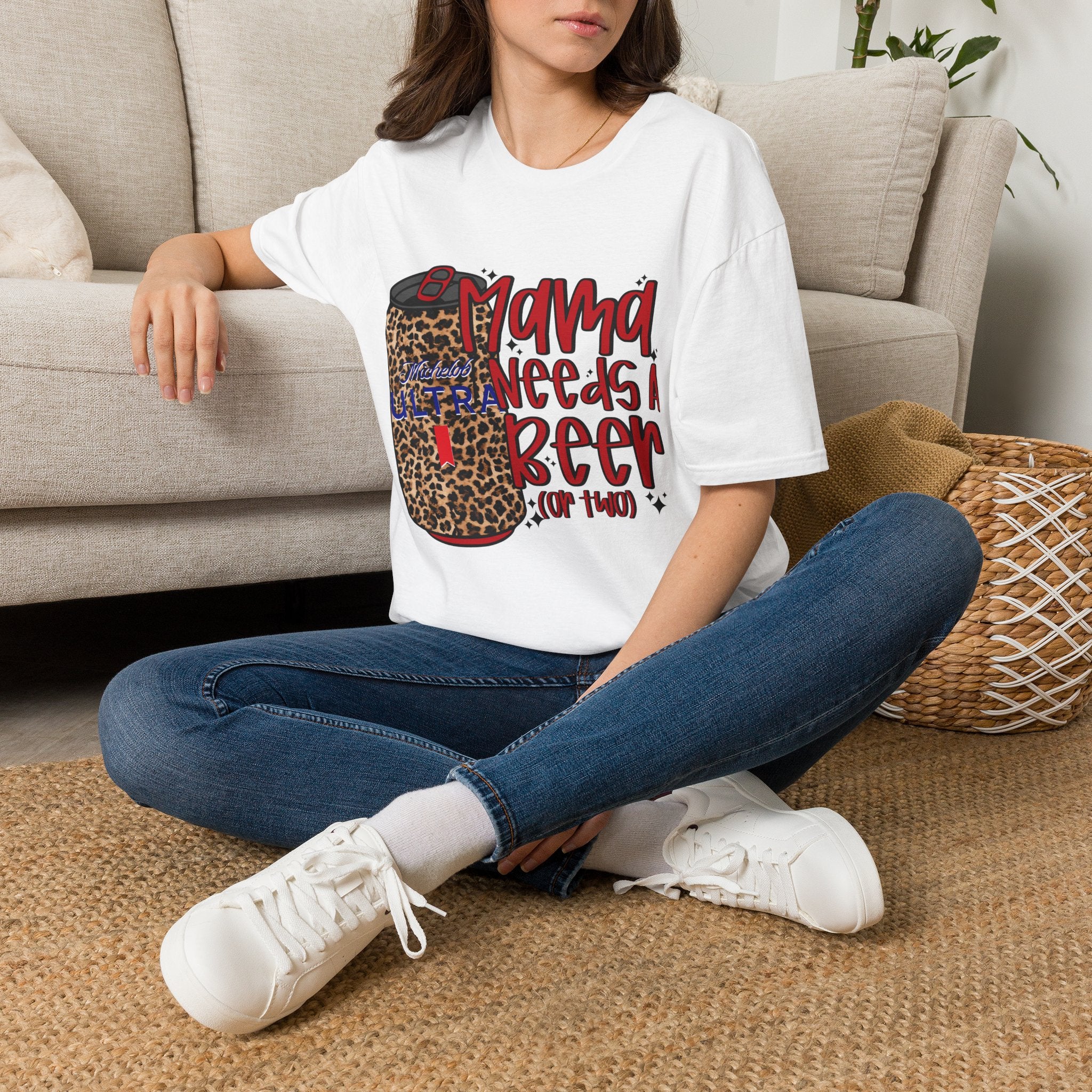 T-Shirt — "Mama Needs a Beer" Leopard Can Graphic Tee