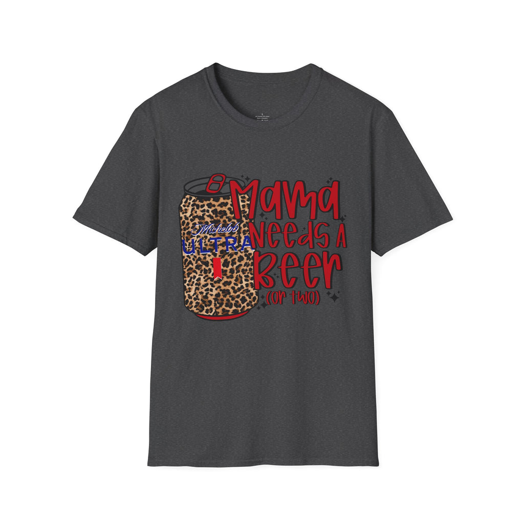 T-Shirt — "Mama Needs a Beer" Leopard Can Graphic Tee