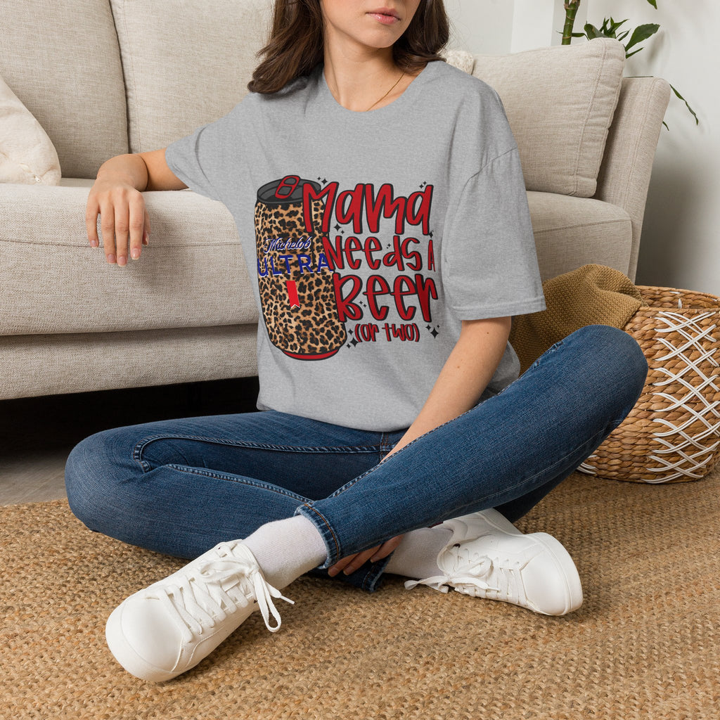 T-Shirt — "Mama Needs a Beer" Leopard Can Graphic Tee