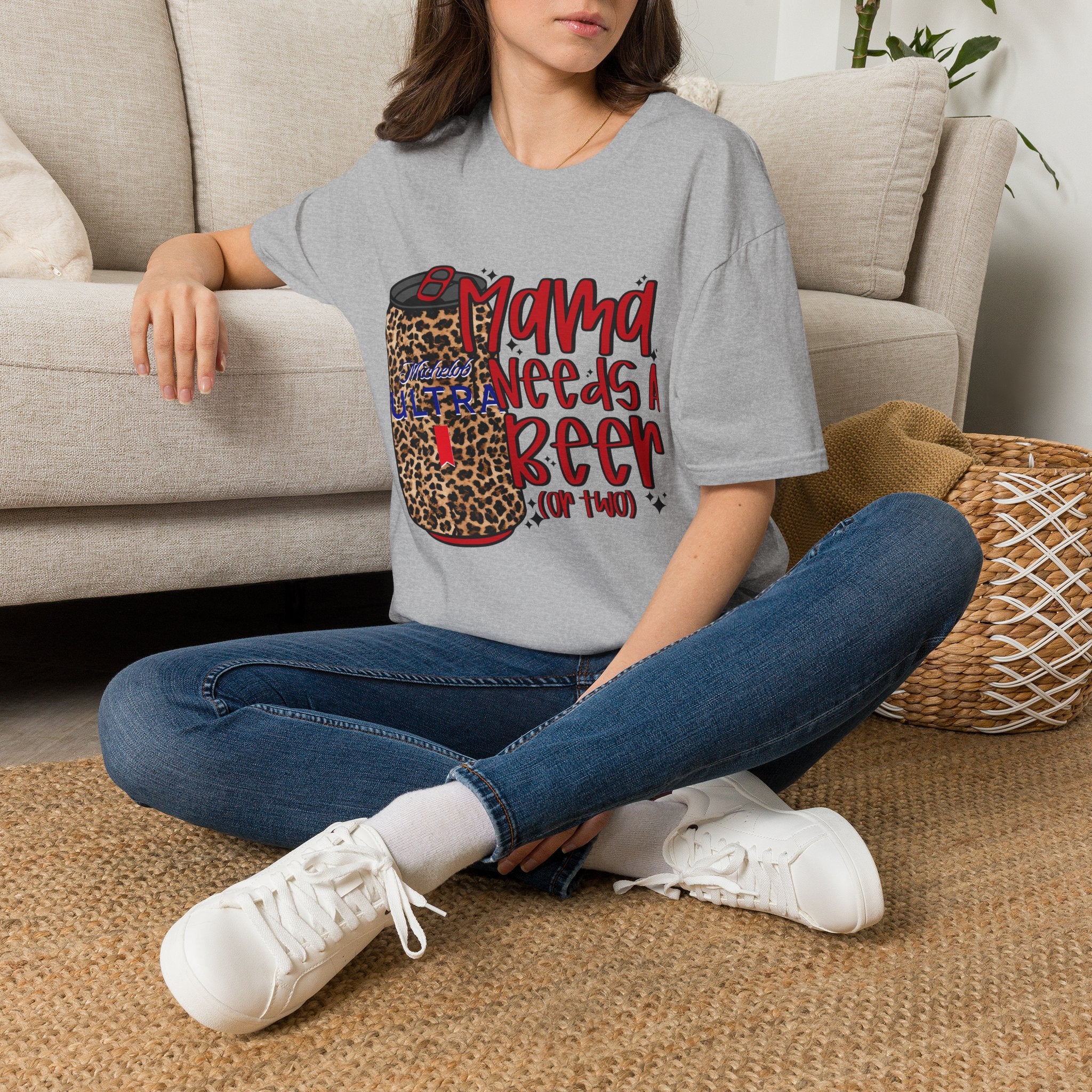T-Shirt — "Mama Needs a Beer" Leopard Can Graphic Tee